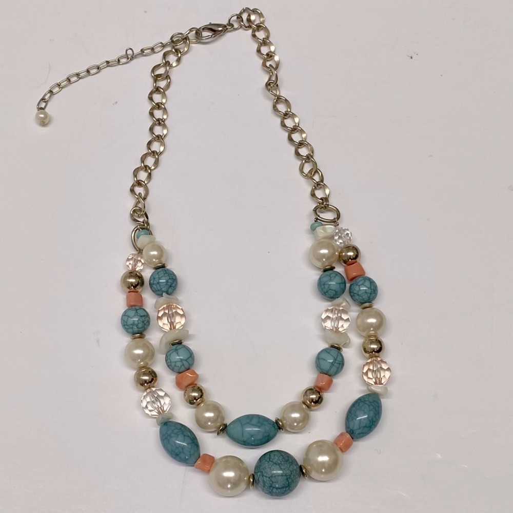 Multi Strand Beaded Layered Statement Necklace Pearls Turquoise Gold Cora